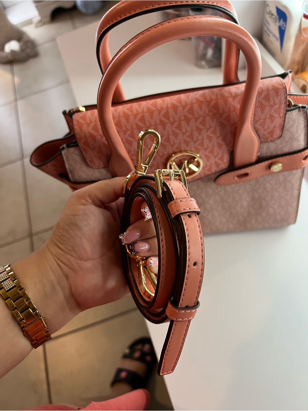 Michael Kors Coral Pink Signature Satchel with Gold Hardware